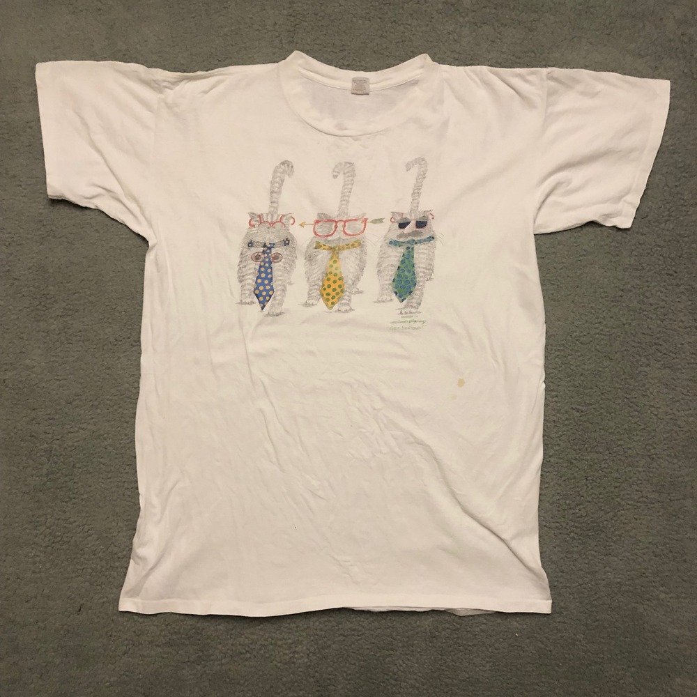 Vtg1991 Carol Montgomery Get Serious Cat Sleep T-Shirt White Single Stitch OSFA
